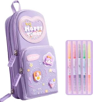 Mini Backpack Pencil Case Art Marker Storage Canvas Makeup Pocket Small Gadget Bag Organizer Random Free of Highlighters (Purple)