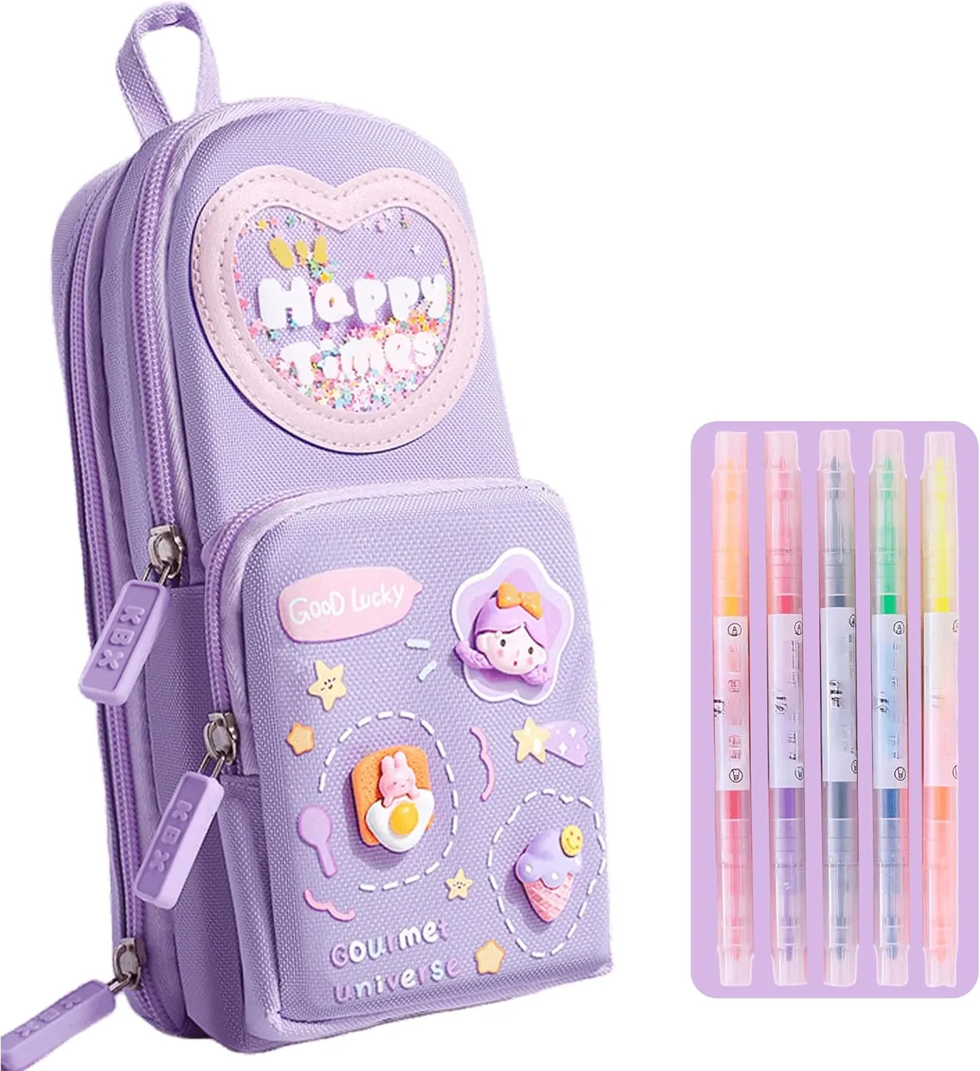 Mini Backpack Pencil Case Art Marker Storage Canvas Makeup Pocket Small Gadget Bag Organizer Random Free of Highlighters (Purple)