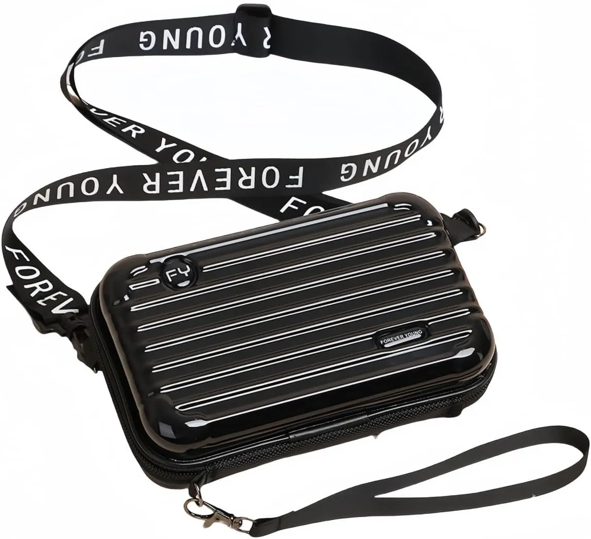 Mini Luggage Crossbody Bag - Stylish and Durable Hard Shell Travel Purse with Adjustable Forever Young Strap for Women - Black