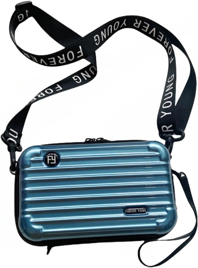 Mini Luggage Crossbody Bag - Stylish and Durable Hard Shell Travel Purse with Adjustable Forever Young Strap for Women - Blue