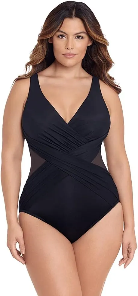 Miraclesuit Women's Plus Size Swimwear Illusionists Crossover Soft Cup Tummy Control One Piece Swimsuit