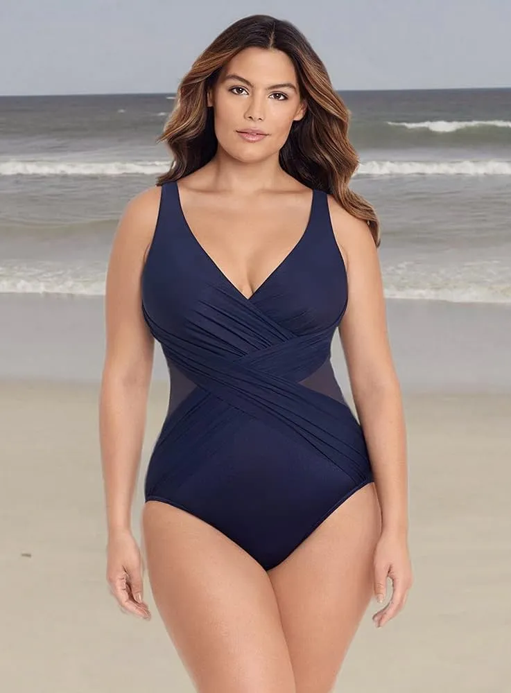 Miraclesuit Women's Plus Size Swimwear Illusionists Crossover Soft Cup Tummy Control One Piece Swimsuit