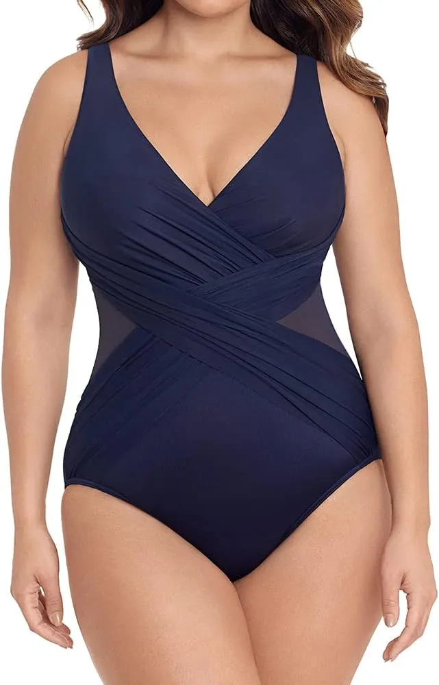 Miraclesuit Women's Plus Size Swimwear Illusionists Crossover Soft Cup Tummy Control One Piece Swimsuit
