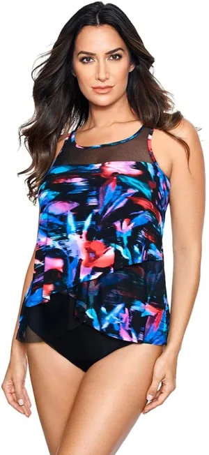 Miraclesuit Women's Plus Size Swimwear Linked In Mirage High Neckline Underwire Bra Tankini Top