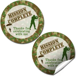 Mission Complete Top Secret Army Soldier Themed Thank You Sticker Labels, 40 2" Party Circle Stickers by AmandaCreation, Great for Party Favors, Envelope Seals & Goodie Bags