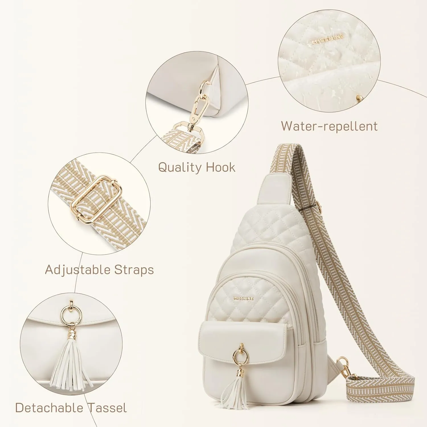 Missnine PU Leather Sling Bag for Women Crossbody Fanny Pack Quilted Chest Purse Trendy Travel Bag for Hiking Cycling with Tassel