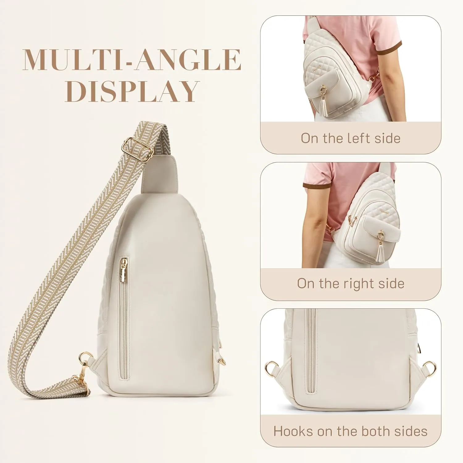 Missnine PU Leather Sling Bag for Women Crossbody Fanny Pack Quilted Chest Purse Trendy Travel Bag for Hiking Cycling with Tassel
