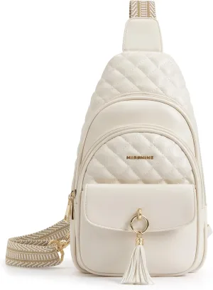 Missnine PU Leather Sling Bag for Women Crossbody Fanny Pack Quilted Chest Purse Trendy Travel Bag for Hiking Cycling with Tassel