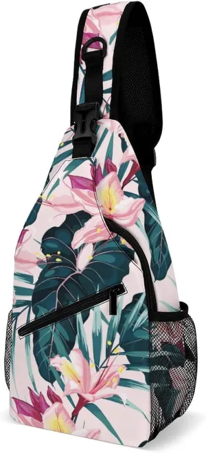 MoBlinko Tropic Palm Leaf Sling Bag Pink Flowers Adjustable Crossbody Sling Backpack Women Men Chest Shoulder Daypack Chest Bag for Hiking Cycling Travel