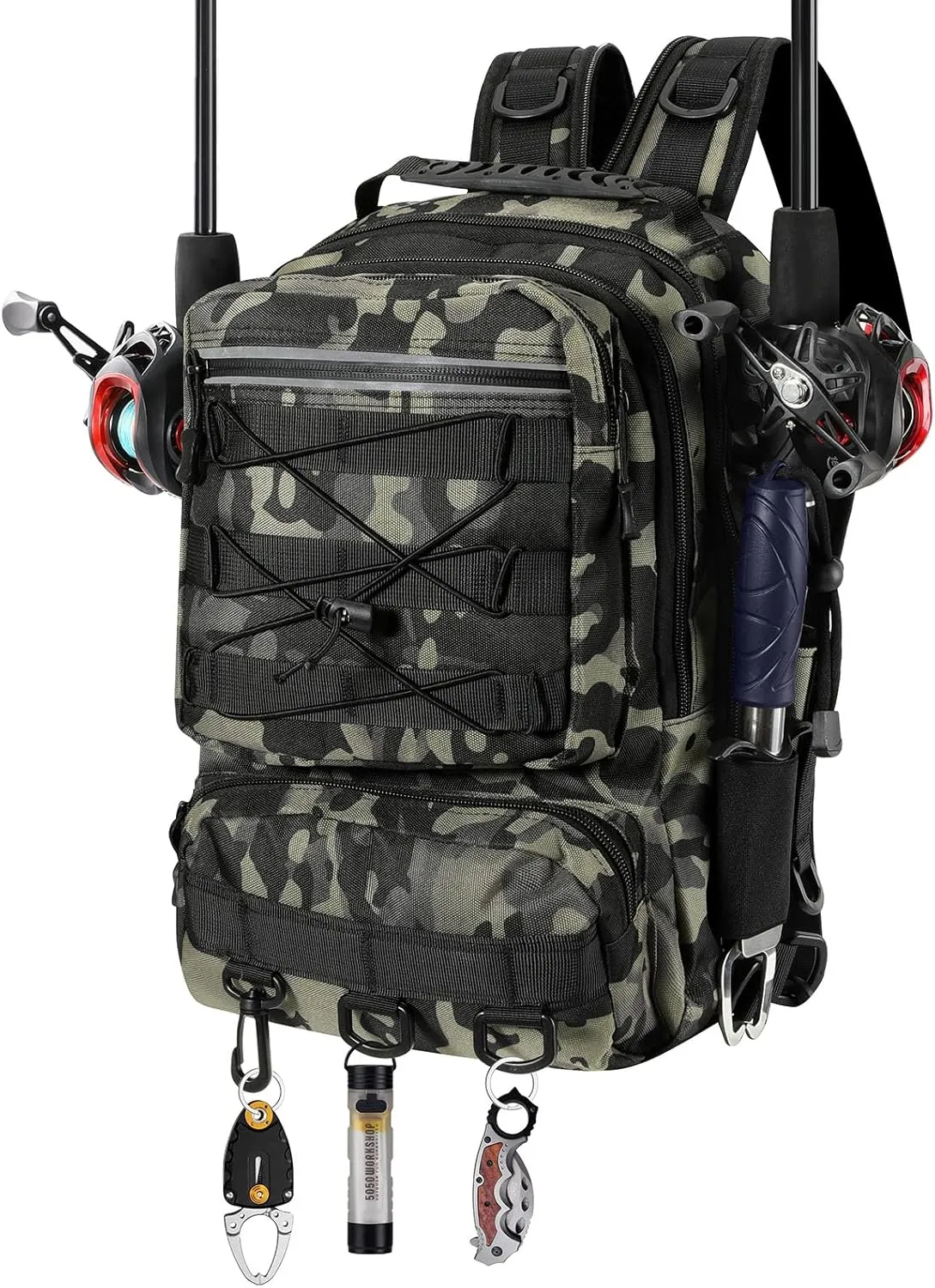 MoKo Fishing Backpack Sling Bag with Rod & Gear Holder, Nylon Waterproof Fishing Tackle Storage Bag for Fishing, Camping, Hiking, Hunting, Fishing Gifts for Men Father, Green Camouflage
