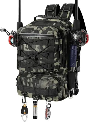MoKo Fishing Backpack Sling Bag with Rod & Gear Holder, Nylon Waterproof Fishing Tackle Storage Bag for Fishing, Camping, Hiking, Hunting, Fishing Gifts for Men Father, Green Camouflage