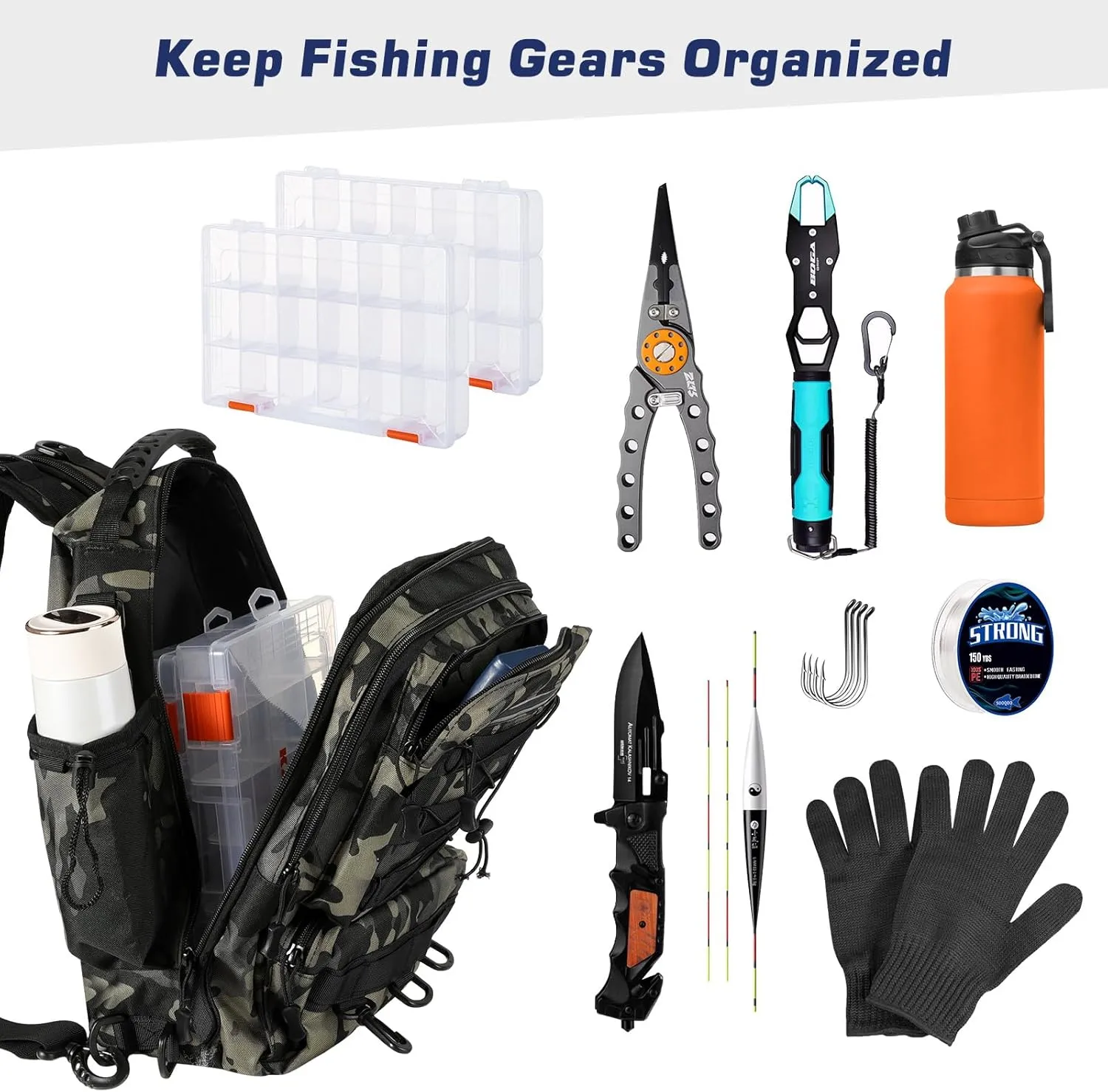 MoKo Fishing Backpack Sling Bag with Rod & Gear Holder, Nylon Waterproof Fishing Tackle Storage Bag for Fishing, Camping, Hiking, Hunting, Fishing Gifts for Men Father, Green Camouflage