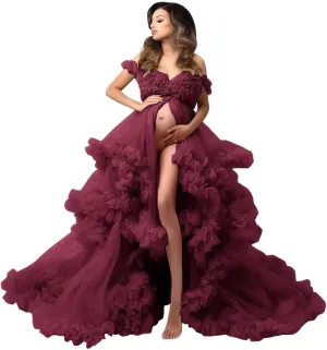 Molisa Tulle Maternity Dress for Photoshoot Puffy Ruffles Bridal Lingerie Bathgown Sheer Baby Shower Pregnancy Gowns