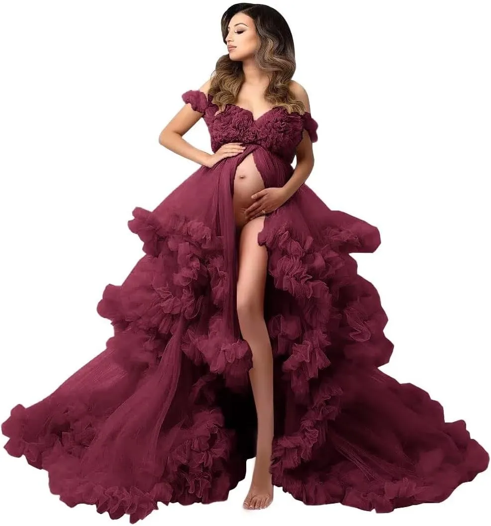 Molisa Tulle Maternity Dress for Photoshoot Puffy Ruffles Bridal Lingerie Bathgown Sheer Baby Shower Pregnancy Gowns