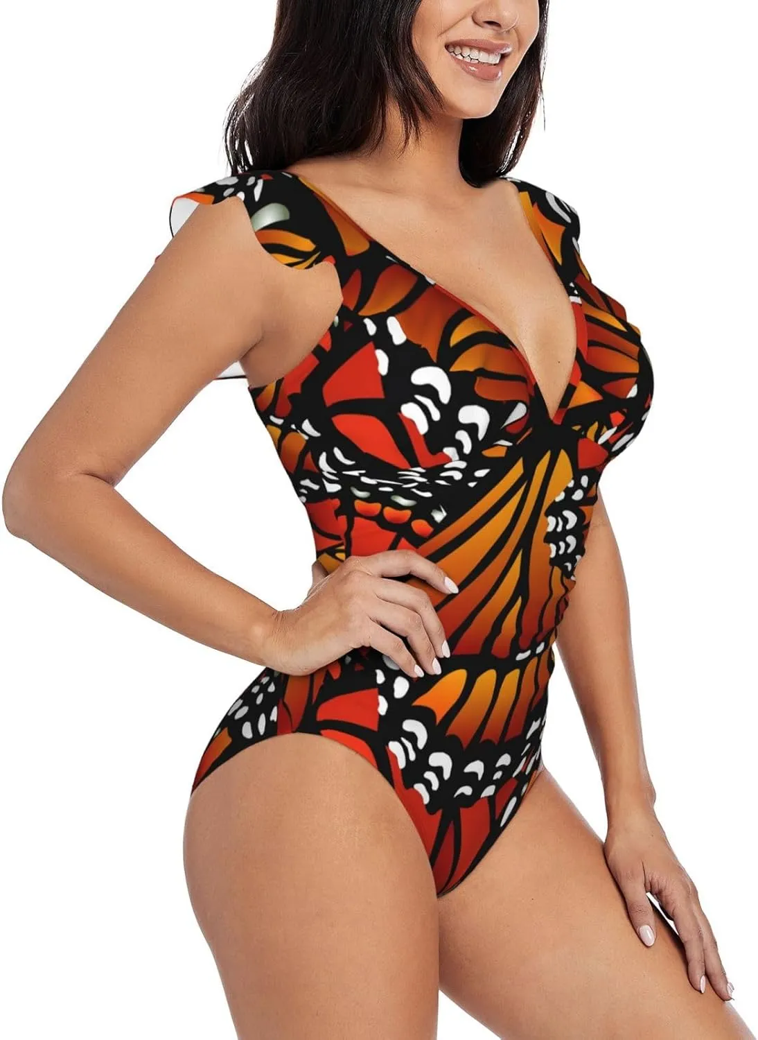 Monarch Butterfly Pattern Wings Women's Ruffle One Piece Swimsuits Bathing Suit V Neck Swimwear Slimming