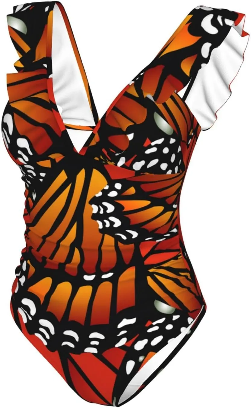 Monarch Butterfly Pattern Wings Women's Ruffle One Piece Swimsuits Bathing Suit V Neck Swimwear Slimming