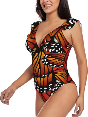 Monarch Butterfly Pattern Wings Women's Ruffle One Piece Swimsuits Bathing Suit V Neck Swimwear Slimming