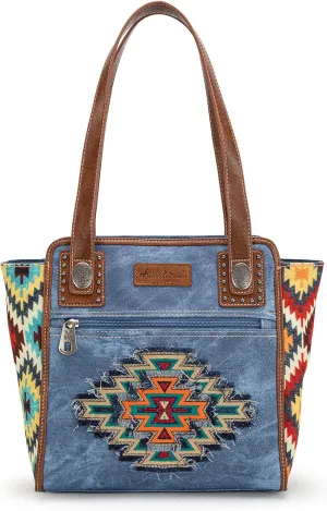 Montana West Embroidered Aztec Tote Bag for Women Western Jean Denim Collection Handbag