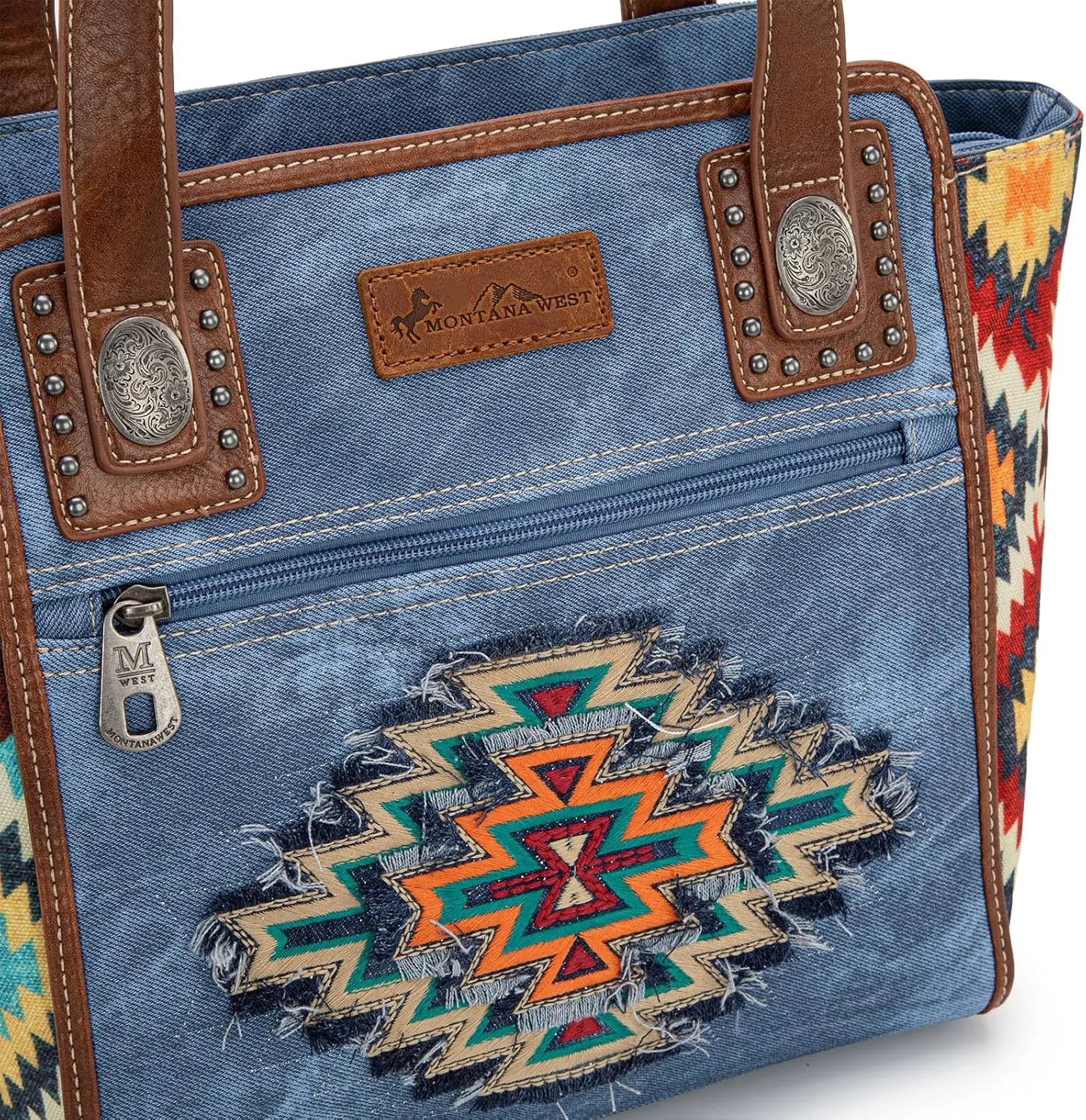 Montana West Embroidered Aztec Tote Bag for Women Western Jean Denim Collection Handbag