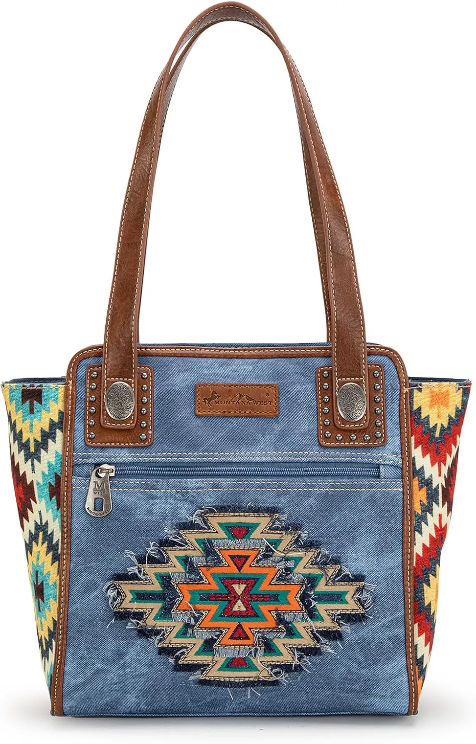 Montana West Embroidered Aztec Tote Bag for Women Western Jean Denim Collection Handbag