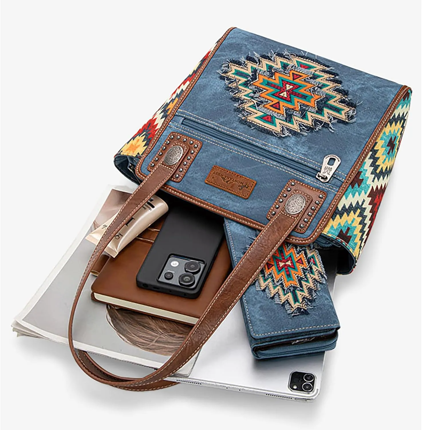 Montana West Embroidered Aztec Tote Bag for Women Western Jean Denim Collection Handbag