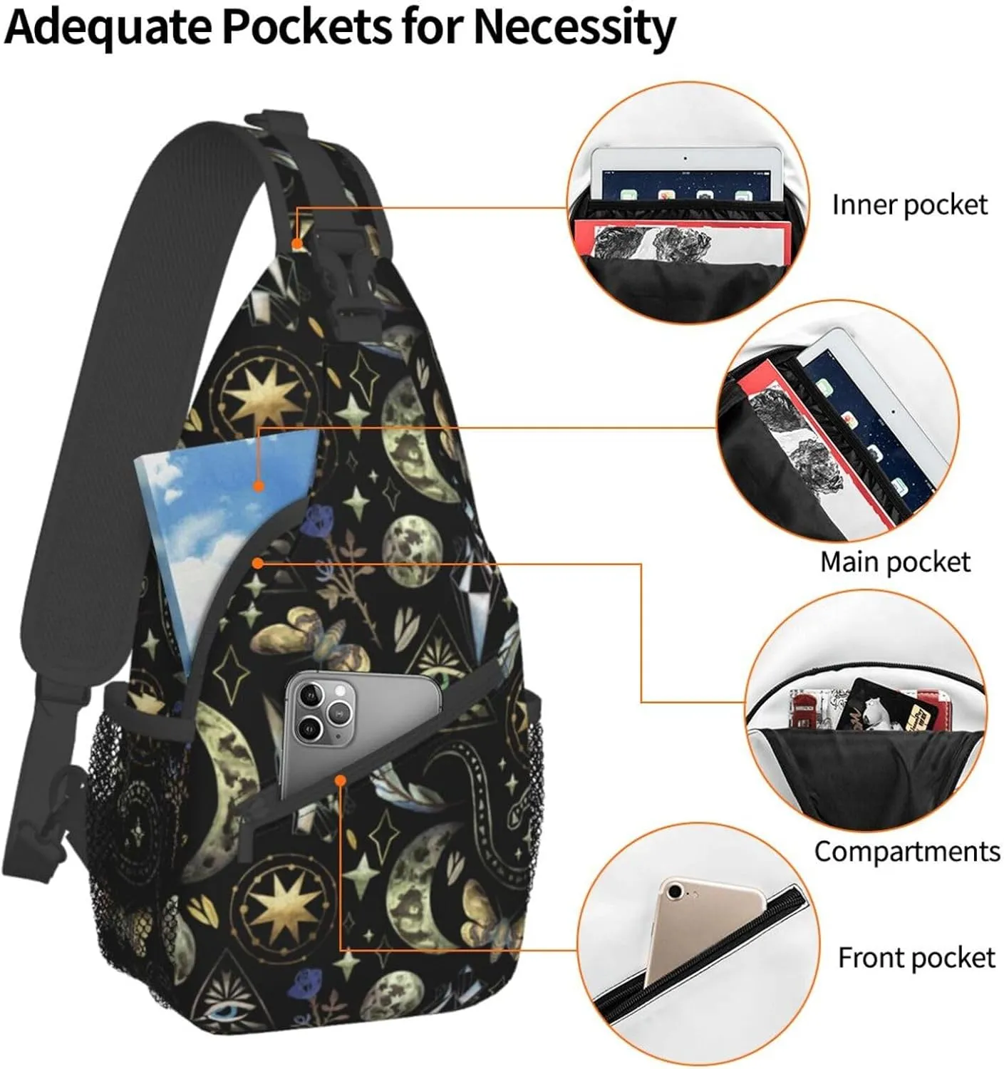 Moon Phases Rose Stars Witch Sling Bag for Women Men Crossbody Backpack Hiking Travel Daypack Shoulder Chest Bag with Adjustable Strap
