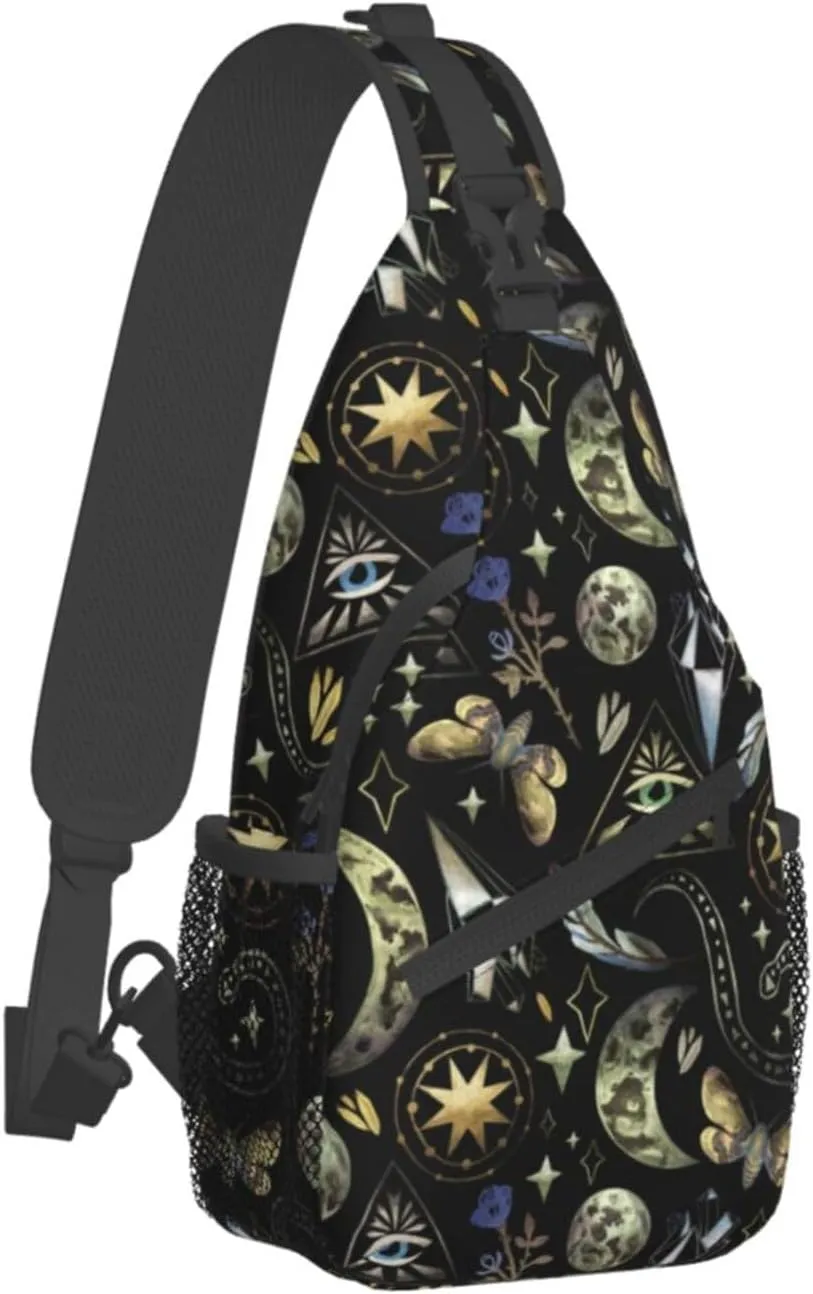 Moon Phases Rose Stars Witch Sling Bag for Women Men Crossbody Backpack Hiking Travel Daypack Shoulder Chest Bag with Adjustable Strap
