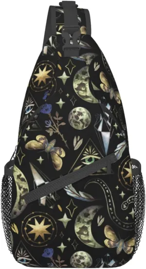 Moon Phases Rose Stars Witch Sling Bag for Women Men Crossbody Backpack Hiking Travel Daypack Shoulder Chest Bag with Adjustable Strap