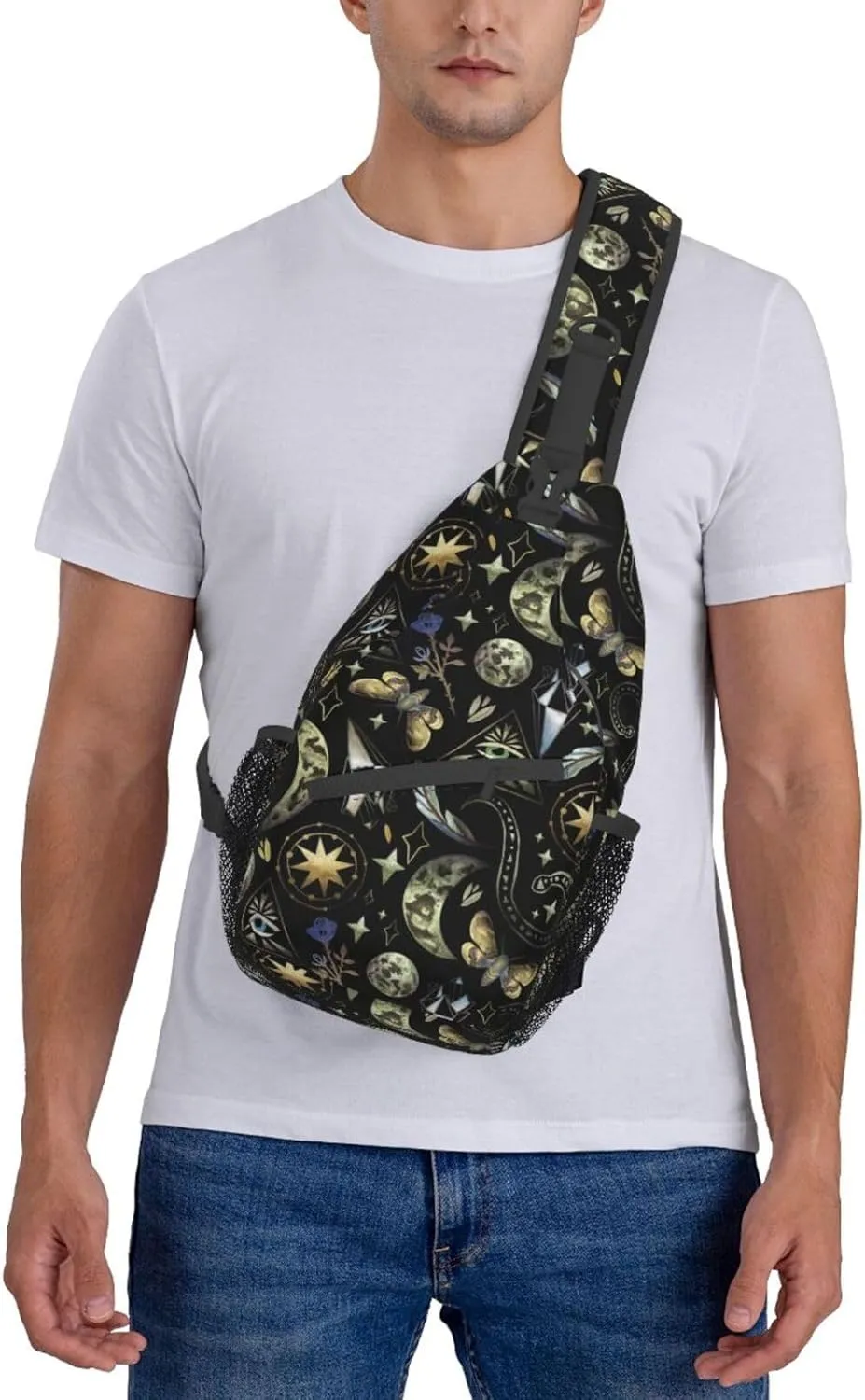 Moon Phases Rose Stars Witch Sling Bag for Women Men Crossbody Backpack Hiking Travel Daypack Shoulder Chest Bag with Adjustable Strap
