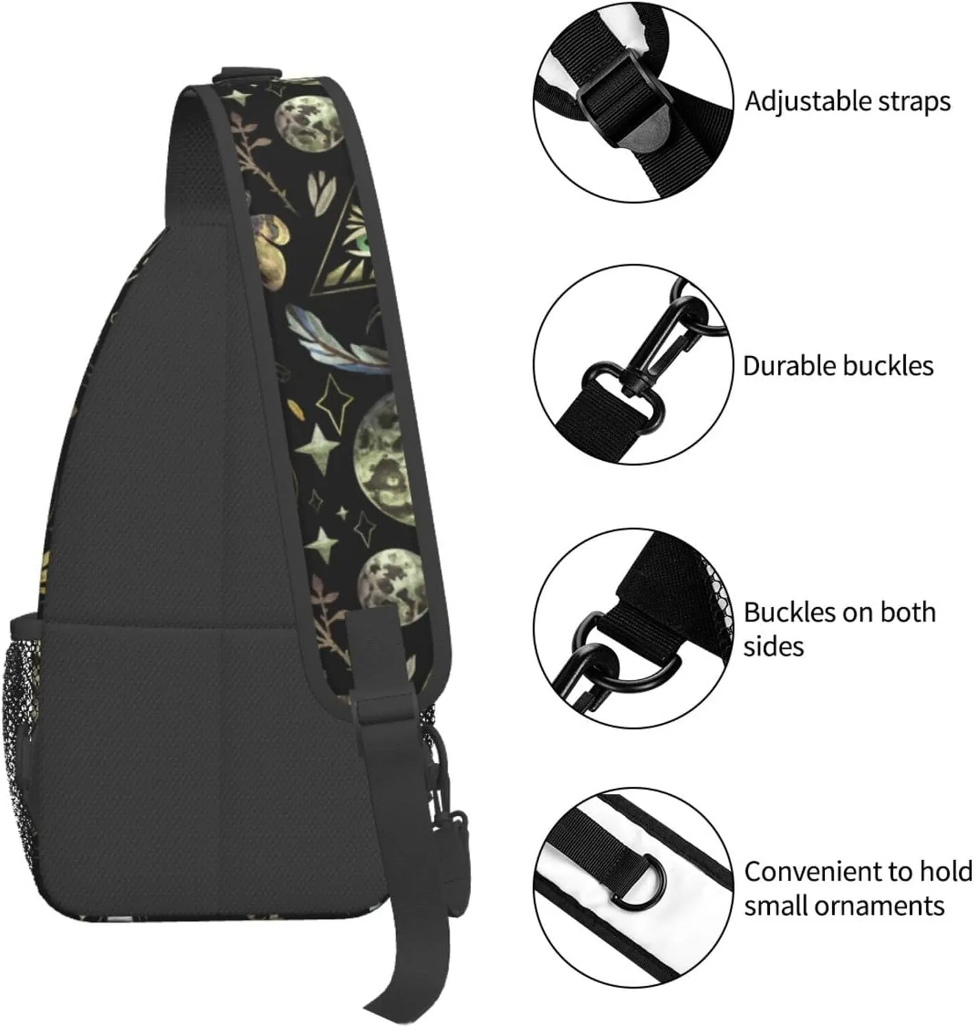 Moon Phases Rose Stars Witch Sling Bag for Women Men Crossbody Backpack Hiking Travel Daypack Shoulder Chest Bag with Adjustable Strap