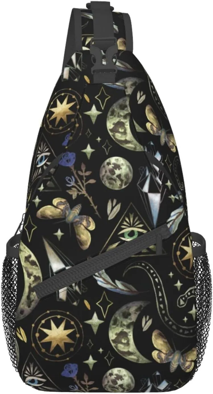 Moon Phases Rose Stars Witch Sling Bag for Women Men Crossbody Backpack Hiking Travel Daypack Shoulder Chest Bag with Adjustable Strap