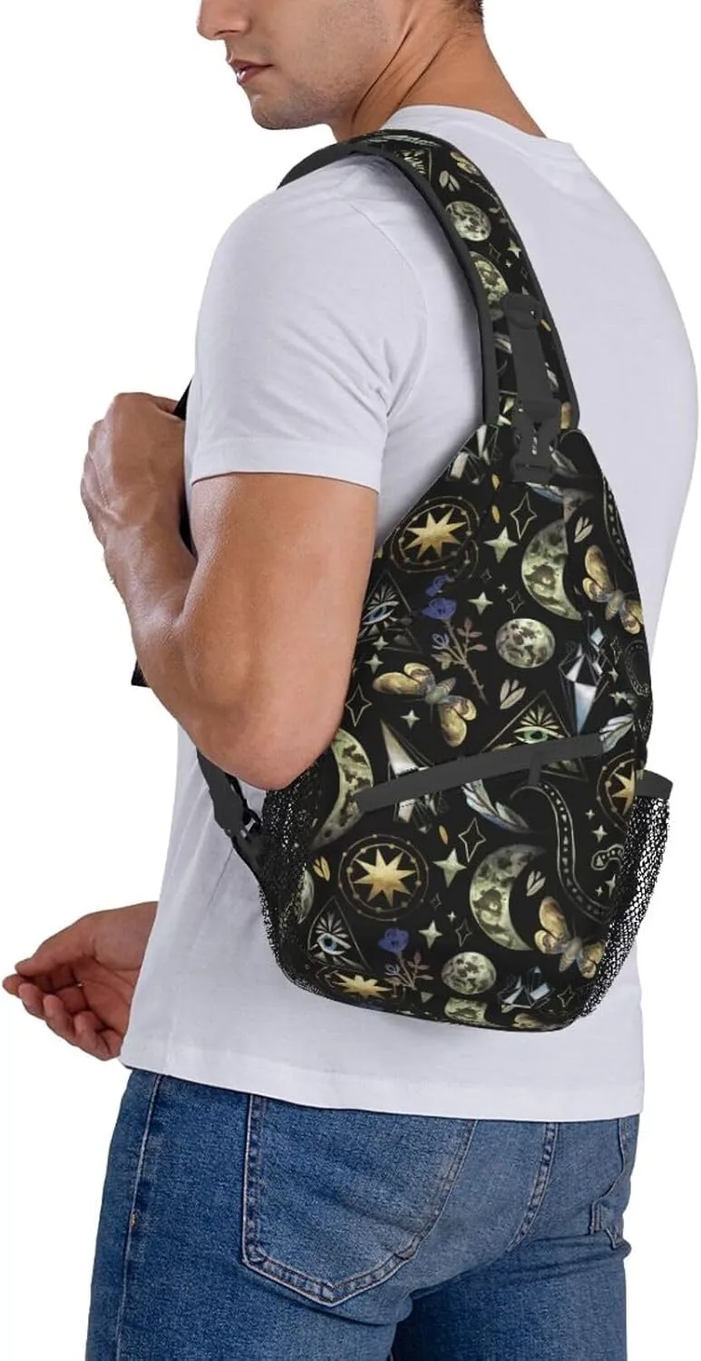 Moon Phases Rose Stars Witch Sling Bag for Women Men Crossbody Backpack Hiking Travel Daypack Shoulder Chest Bag with Adjustable Strap