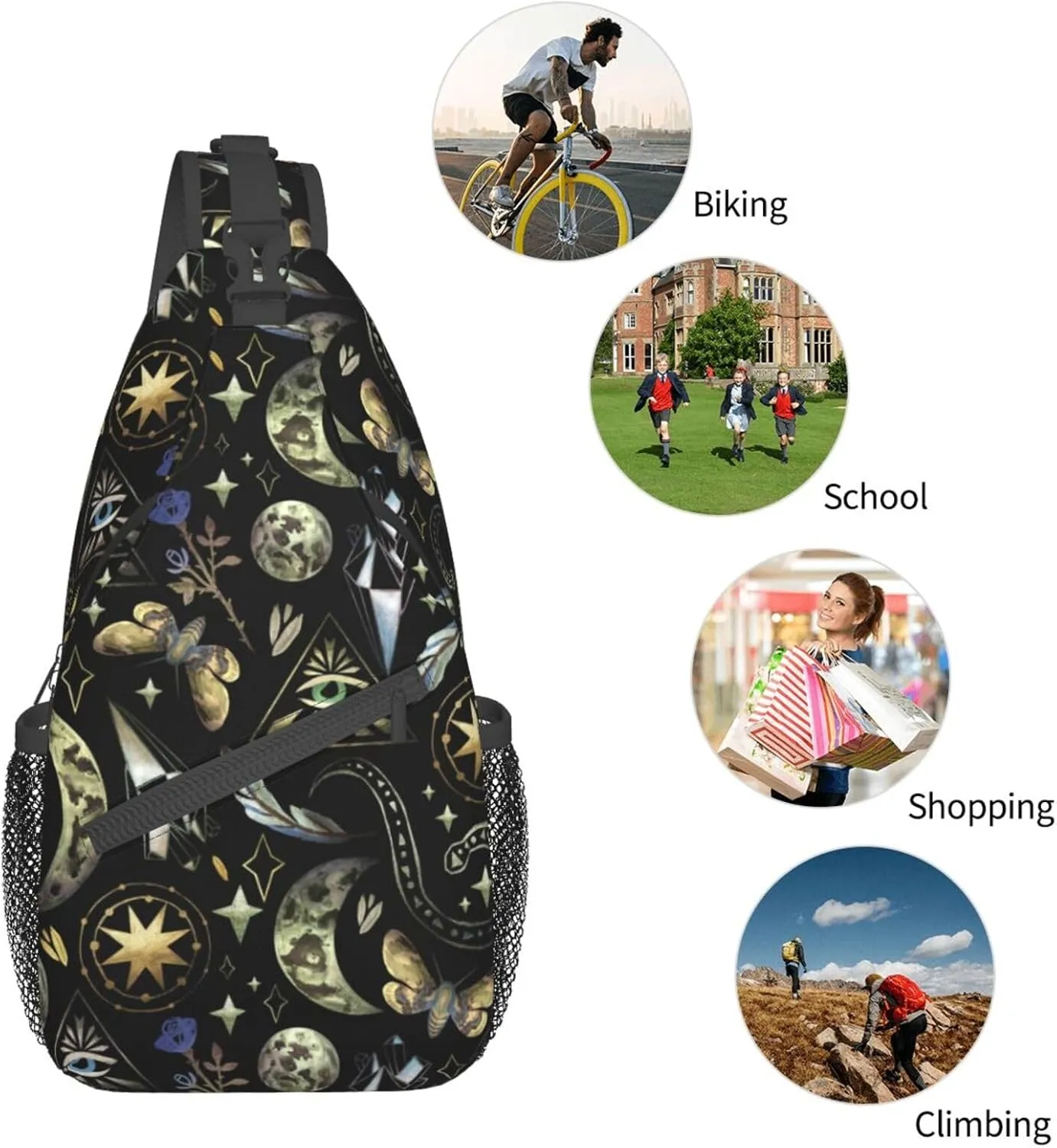 Moon Phases Rose Stars Witch Sling Bag for Women Men Crossbody Backpack Hiking Travel Daypack Shoulder Chest Bag with Adjustable Strap