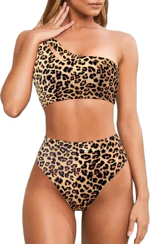 MOOSLOVER Women Cutout One Shoulder High Waisted Bikini High Cut Two Piece Swimsuits