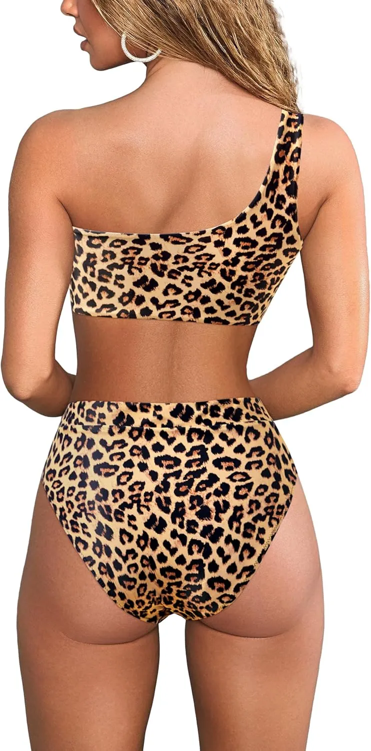 MOOSLOVER Women Cutout One Shoulder High Waisted Bikini High Cut Two Piece Swimsuits