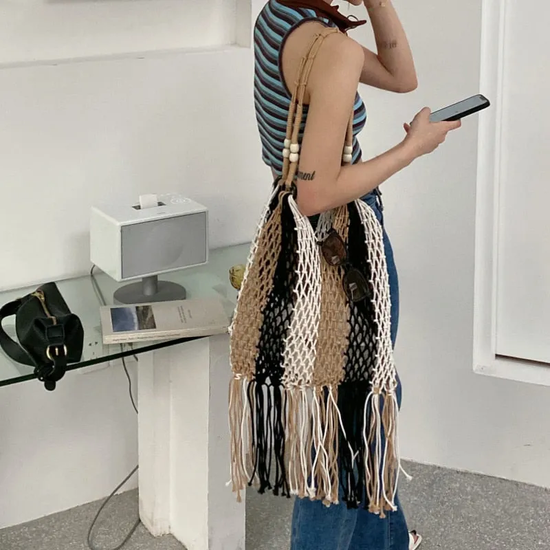 Multi-Color Striped Tassel Boho Net Bags - 2 Colors
