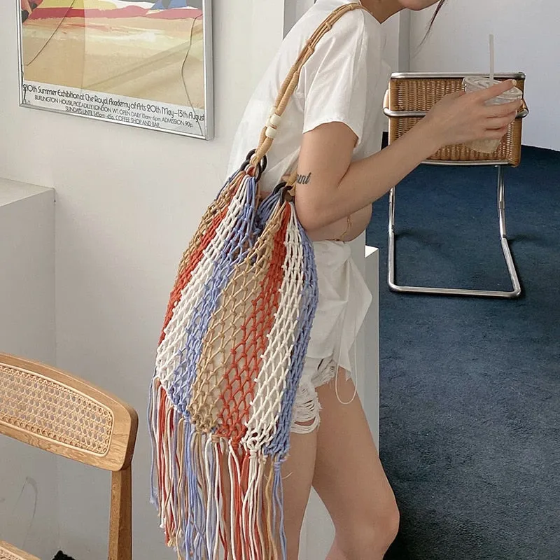 Multi-Color Striped Tassel Boho Net Bags - 2 Colors