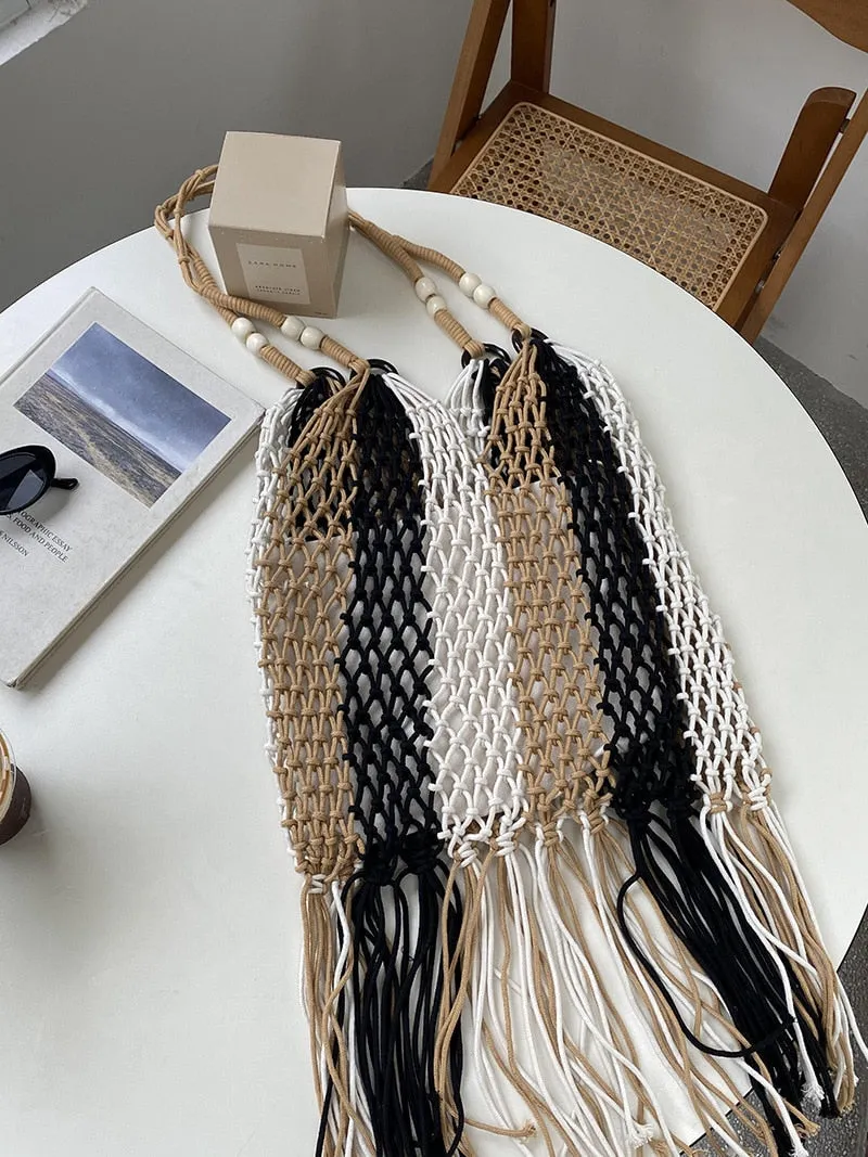 Multi-Color Striped Tassel Boho Net Bags - 2 Colors