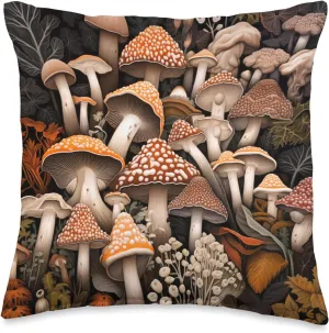Mushroom Fungi Cottagecore Aesthetic Shrooms Forest Scene Throw Pillow, 16x16, Multicolor