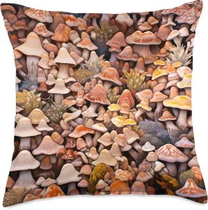 Mushroom Fungi Cottagecore Aesthetic Shrooms Forest Scene Throw Pillow, 18x18, Multicolor