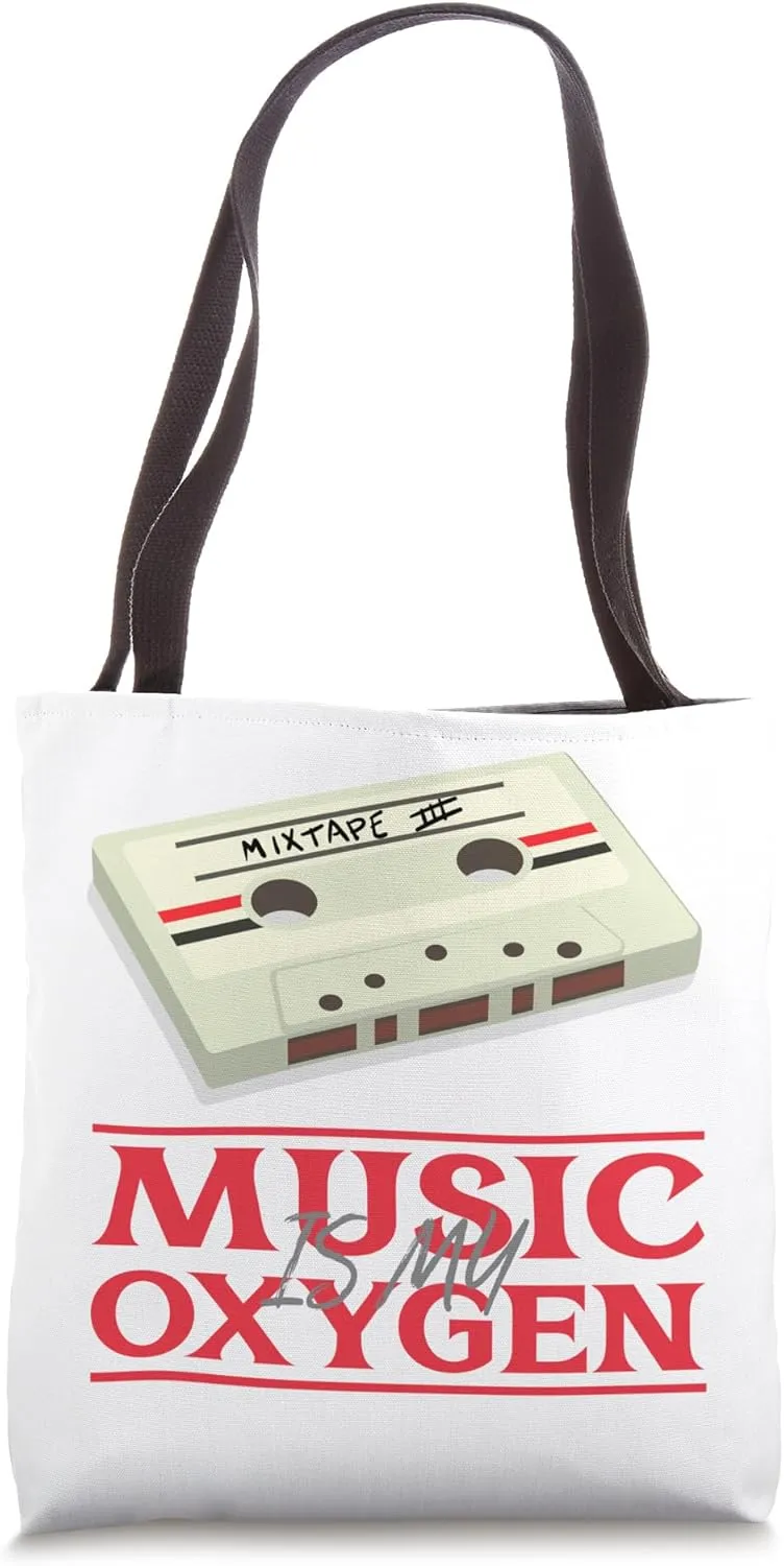 Music Is My Oxygen (with a Retro Cassette Tape Print) Tote Bag
