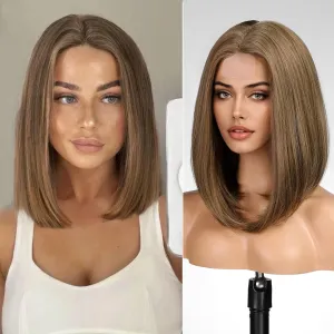 Natural Brown Short Bob Wigs,Brown Straight Shoulder Length Wigs for Women,Middle Part Heat Resistant Fibre Synthetic Wig Daily Use…