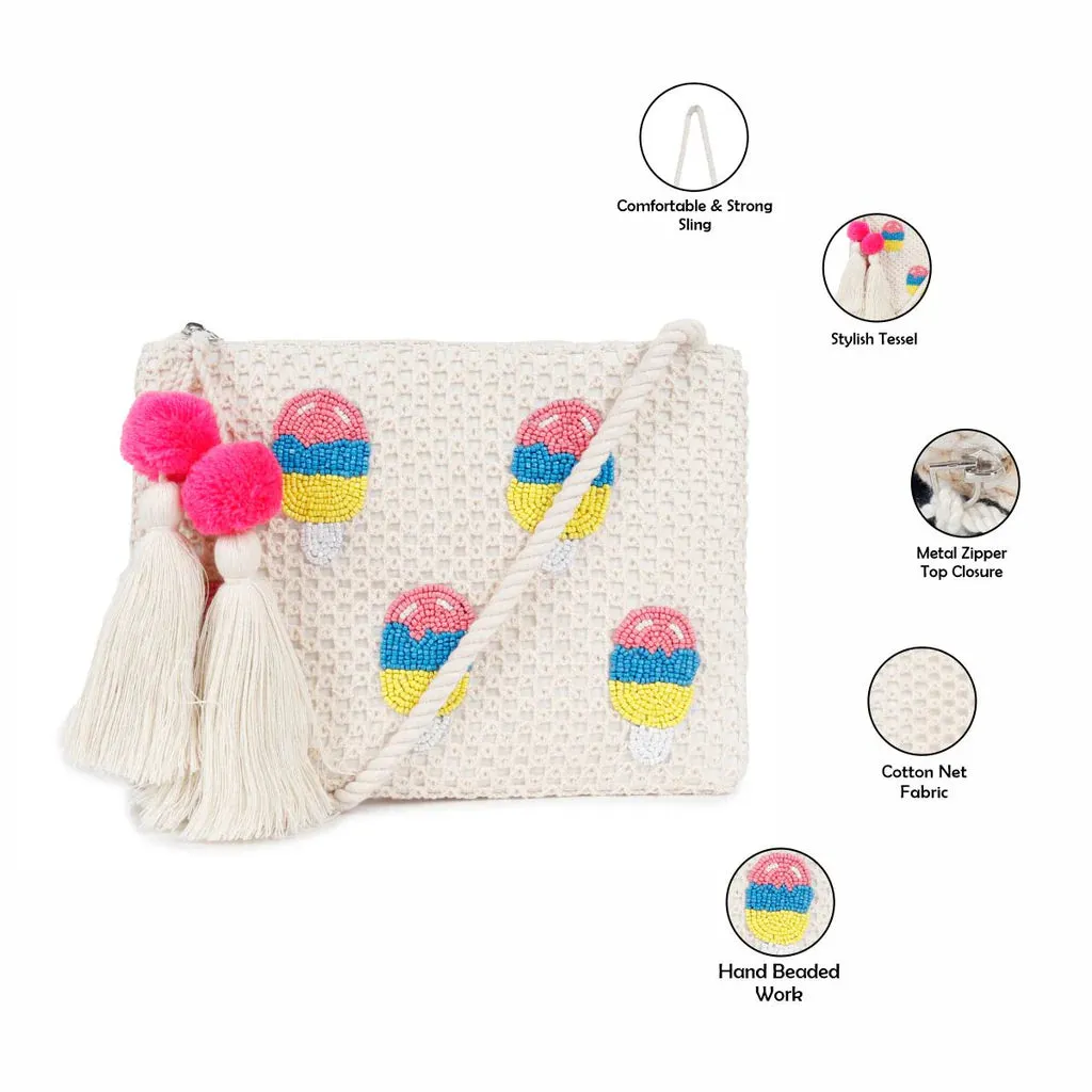 Natural Mesh Fabric Crossbody Sling Bag with Cotton Cord Long Handle – Stylish, Practical, and Eco-friendly