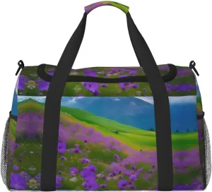 Nature Purple Flowers Meadow Mountain Scenic Print Weekender Bag Large Capacity Hand Travel Bag Carry On Tote Airplane Travel Tote