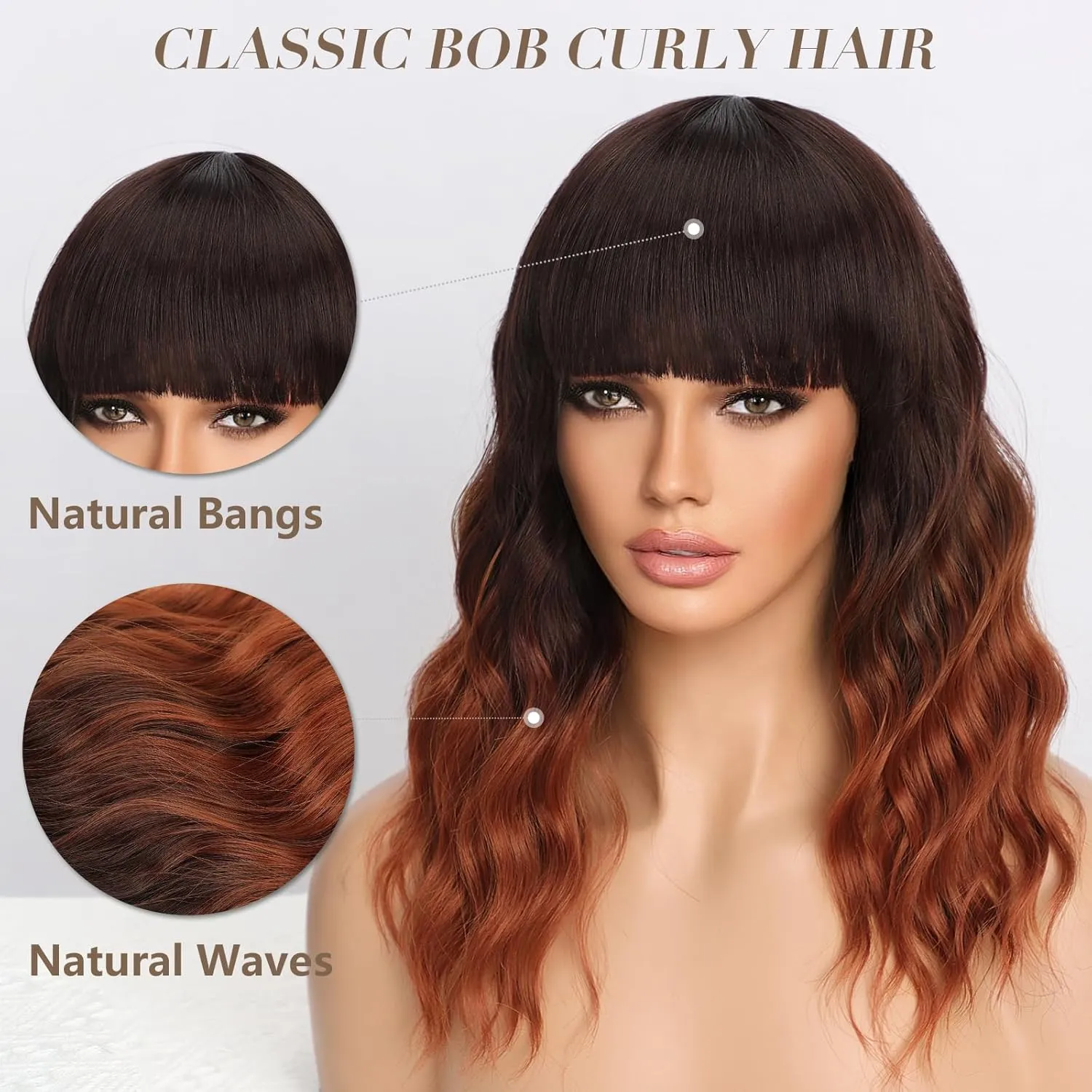Nnzes Ombre Auburn Wig with Bangs for Women Shoulder Length Brown Bob Wavy Charming Synthetic Wigs with Natural Curly Heat Resistant Hair for Daily Party Use