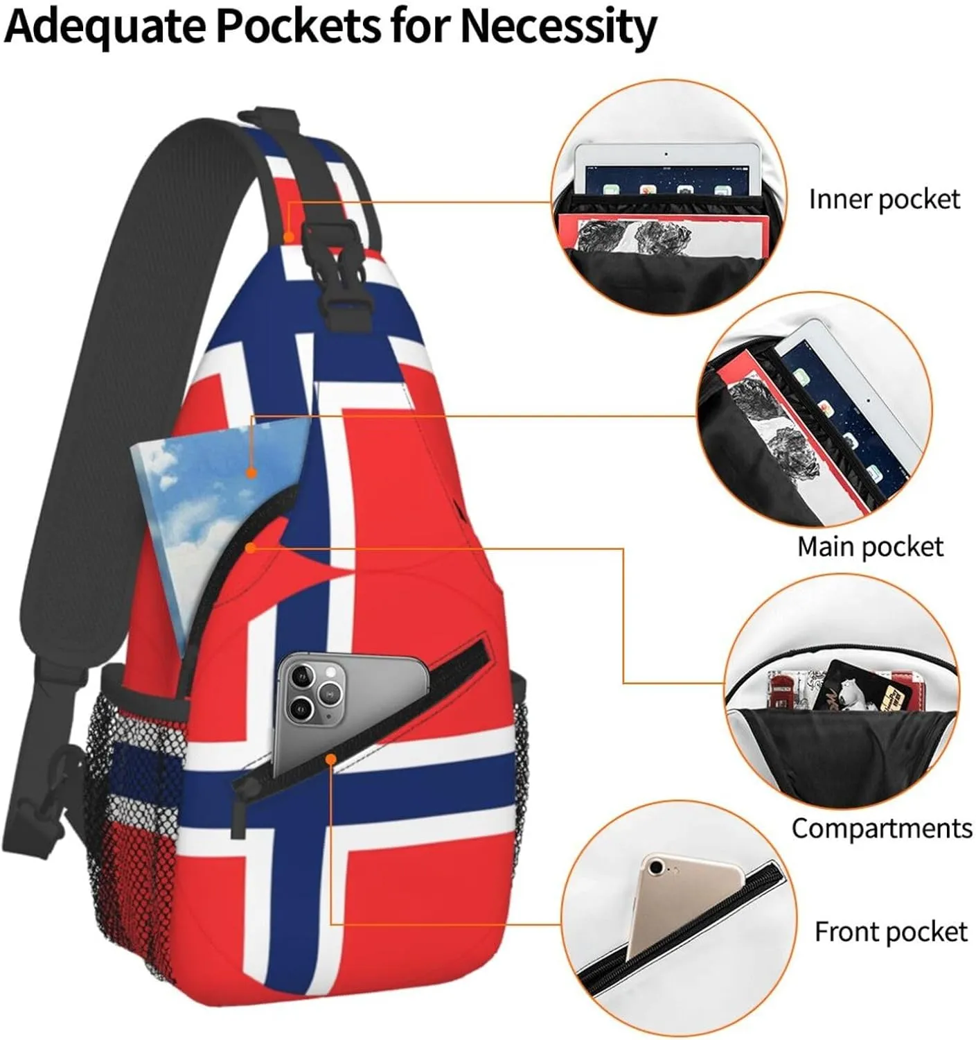 Norway Norwegian Flag Round Chest Sling Bag Crossbody Shoulder Backpack Bag Gym Cycling Daypack Travel Hiking Cross Bag