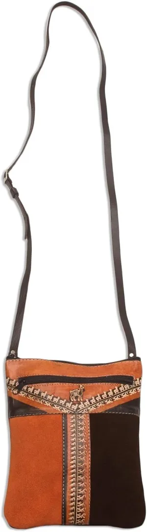 NOVICA Artisan Handmade Leather Accented Suede Sling Llama Pattern Brown Handbags Shoulder Slings Patterned Peru Animal Themed ' Mountain Llama'