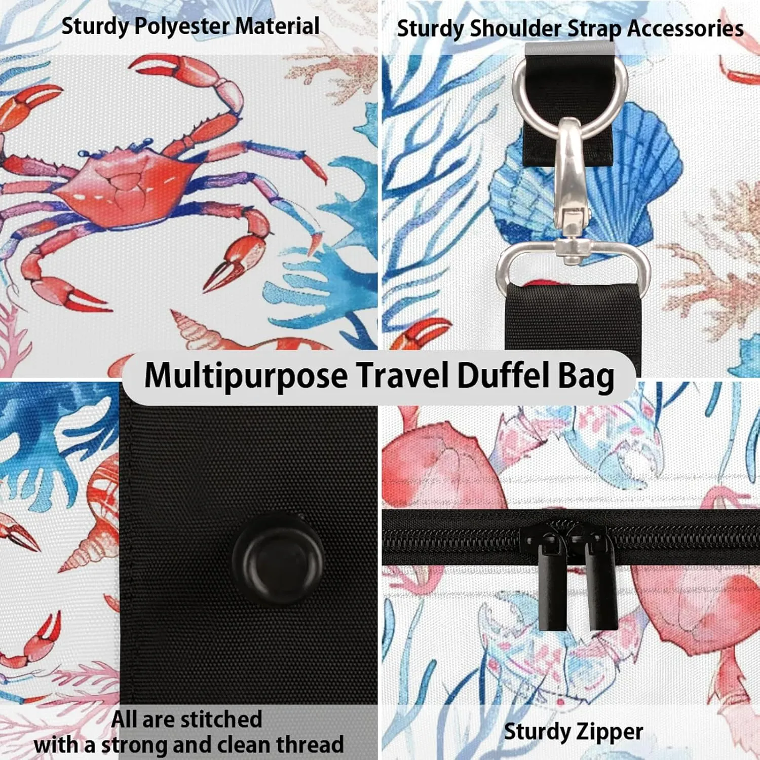 Ocean Shell Crab Travel Duffle Bag, Sports Gym Bags for Women Men, Carry On Weekender Overnight Workout Airplane Trips Bag