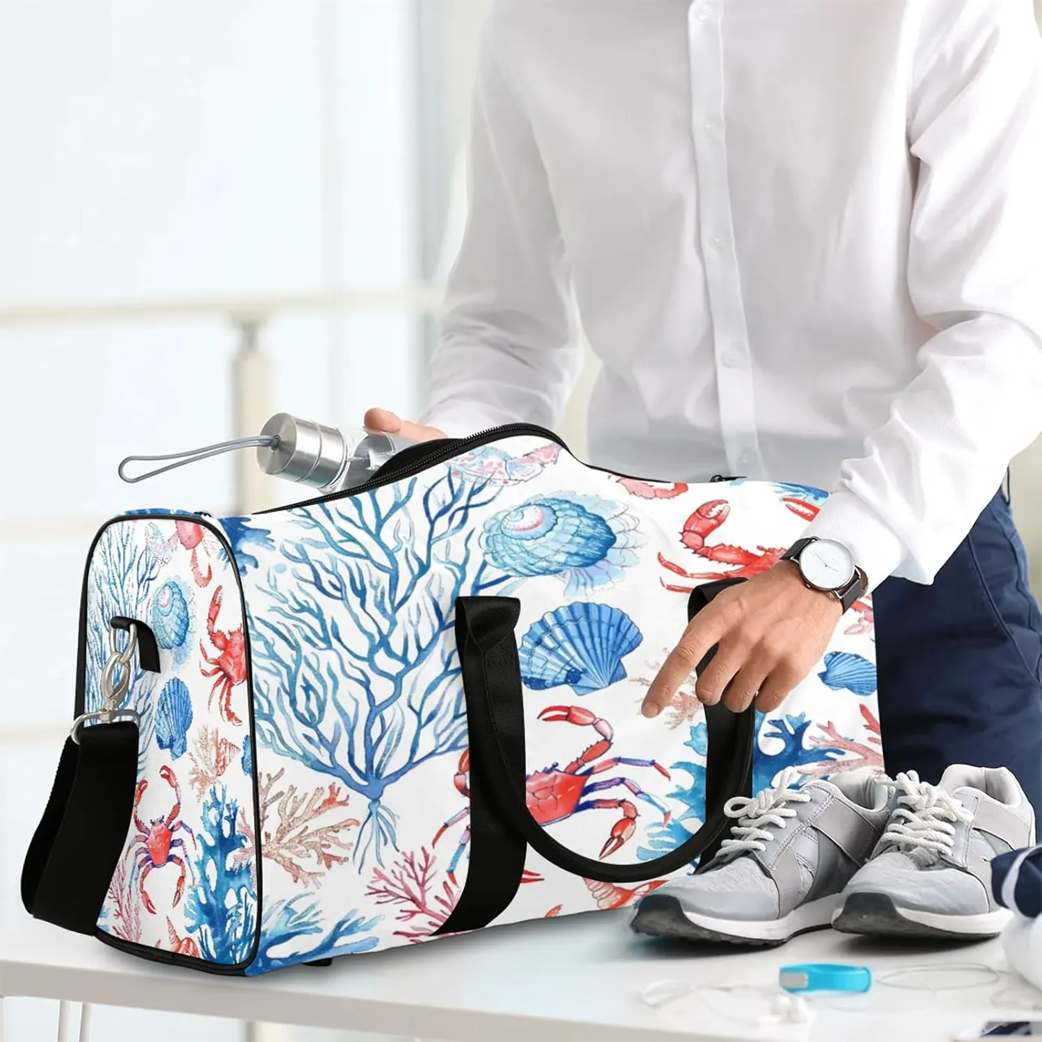 Ocean Shell Crab Travel Duffle Bag, Sports Gym Bags for Women Men, Carry On Weekender Overnight Workout Airplane Trips Bag