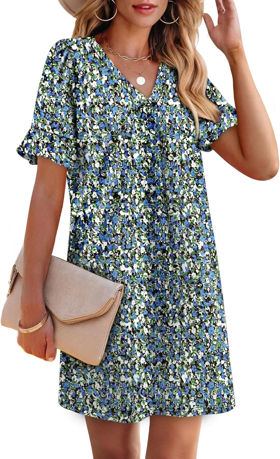 OFEEFAN Summer Dresses for Women Ruffle Short Sleeve V Neck Casual Shift Dress with Pockets